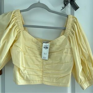 Abercrombie & Fitch Pale Yellow Ruched Puff-Sleeve Crop Top